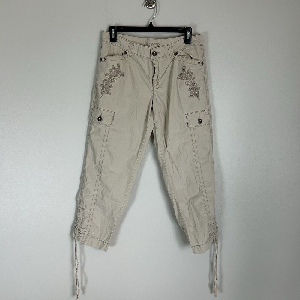 Cache Capri Pants Womens 6 Beige Y2K Crop Embroidered Cargo Cinch Ruched Tan